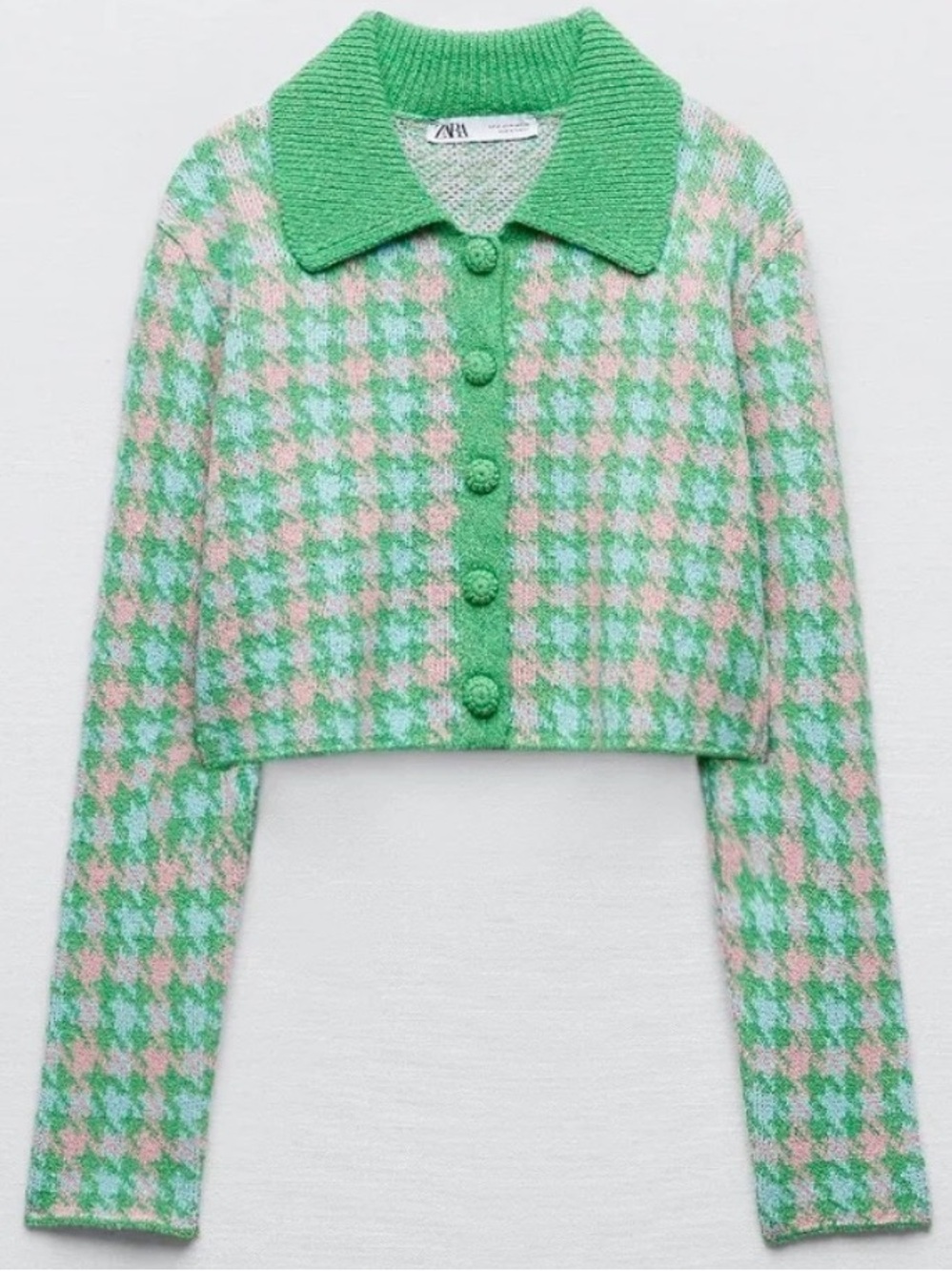 Zara Houndstooth Knit Polo Cardigan Green Pink Blue Cropped Size XL